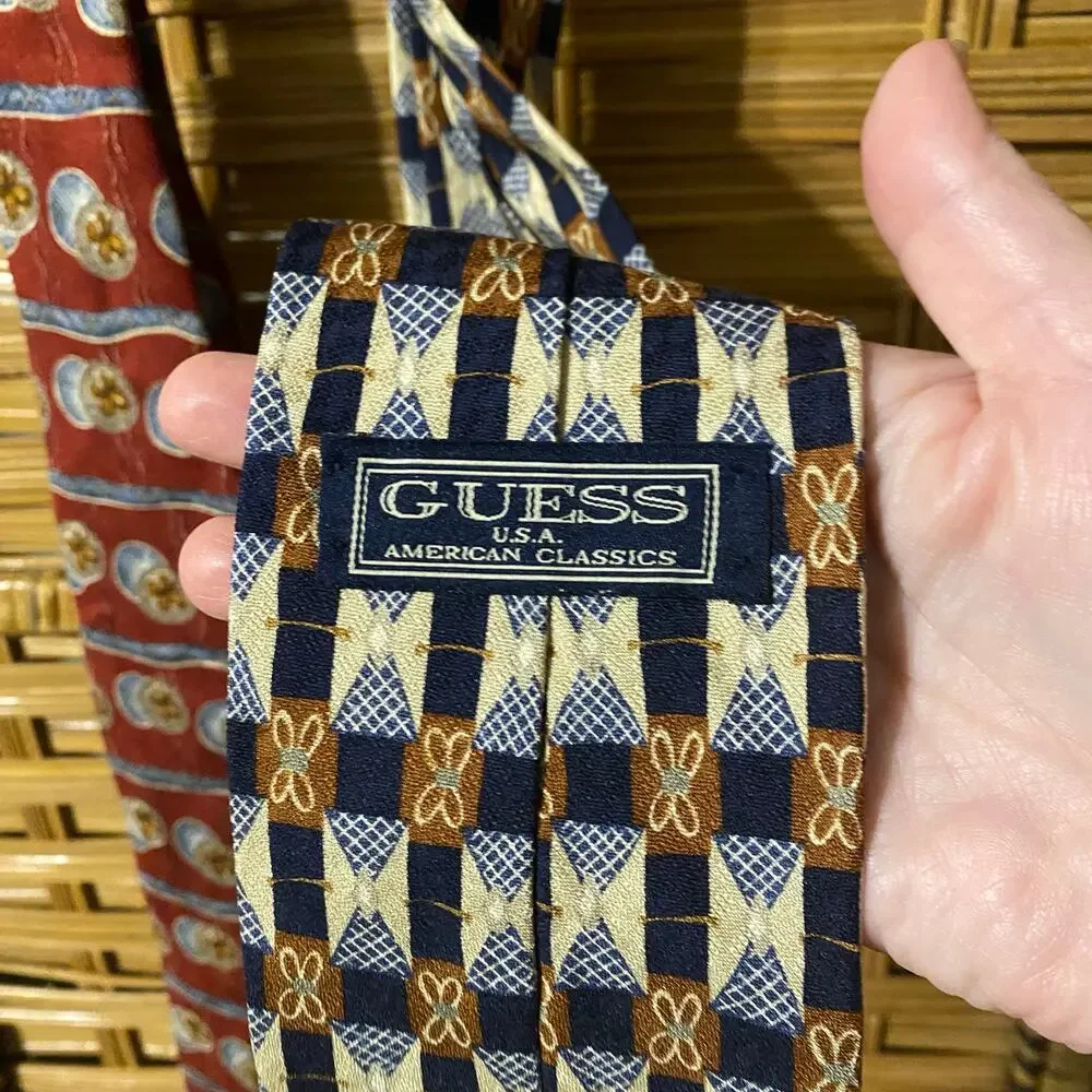 Vintage Guess USA Silk Tie Lot of 2 – 80s 90s Geometric Red Blue Made in USA